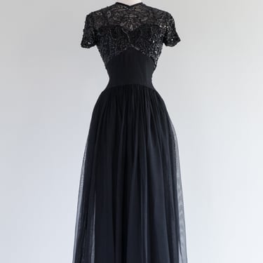 Elegant 1940's Ceil Chapman Black Sequin Evening Gown / Small