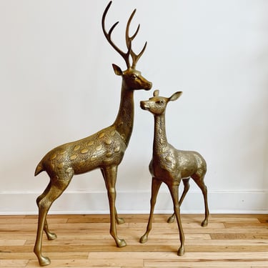 Vintage Pair of Giant Brass Deer