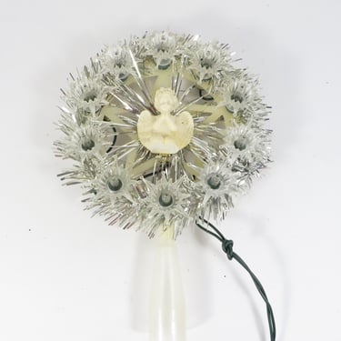 Vintage Silver Tinsel Lighted Angel Tree Topper - Silver Tinsel Plastic Lighted Tree Topper 