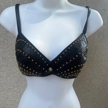 Vintage gothic black leather bra bustier top brass studs Sz XS by Firenze of Santa Barbara 