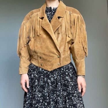 Vintage Brown Suede Leather Jacket Women Cowgirl Western Fringe Tassels Medium 