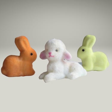 Flocked Lamb and Bunnies, MCM Pastel Mini Animals for Spring Decor or Basket Filler 