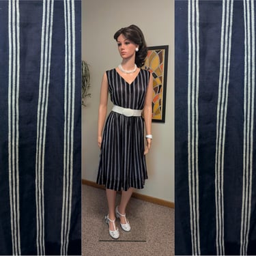 Vintage 1950s Navy & White Striped V-Neck Sheer Cotton Dress / 40s 50s Summer Nautical Beach 