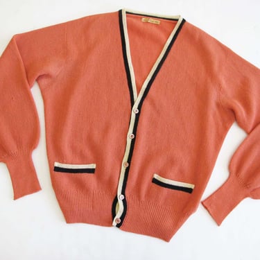 Vintage 50s Salmon Pink Alpaca Cardigan XL  - 1950s Mens Knit Striped Cardigan Sweater - Grunge Grandpa Kurt Cobain Cardigan 