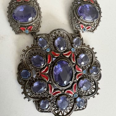 vintage 1940s 1950s Czech oversized glass jewel & metal filigree statement necklace 