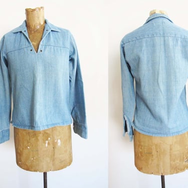 Vintage 70s Denim Long Sleeve Shirt XS - 1970s Light Wash Jean Shirt - Bohemian Hippie Tunic Top 