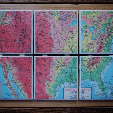 1956 United States Elevation Map Coaster Set. Vintage US Map. American Décor. Hiking Gift. Vintage Map. United States. Travel Gift. Barware. 