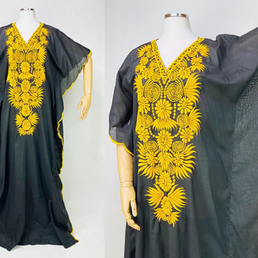 Vintage 1970s Black & Gold Embroidered Abstract Floral Swirl Kaftan w Scalloped Edges O/S | Desert Dress, Hippie, Boho, Ethnic, Folk Art 