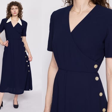 90s Liz Claiborne Navy Blue Maxi Dress - Small | Vintage Collared Short Sleeve V Neck Shirtdress 