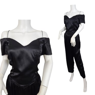 All That Jazz 1980s Black Satin Rayon One Piece Jumpsuit I Sz Lrg 