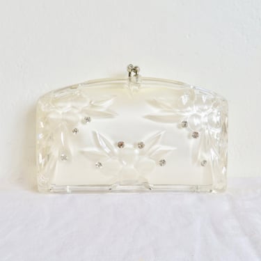 1950's Clear Lucite Plastic Clutch with Rhinestones Silver Metal Clasp 50's Spring Summer Purses Handbag 