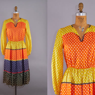 Vintage 70s Polka Dot Color Block Dress Medium 