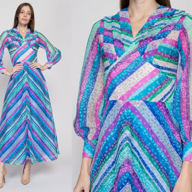 Small 60s 70s Psychedelic Striped Maxi Dress Petite | Vintage Sheer Sleeve A Line Hippie Gown 