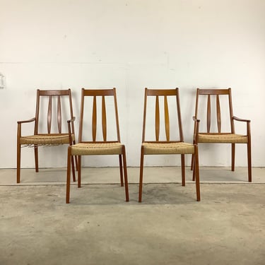 Four Scandinavian Modern Teak Rope Seat Dining Chairs 