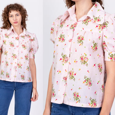 Vintage 1940s Style Fruit Print Painters Blouse - Small | Boho Pink Puff Sleeve Button Up Shirt 