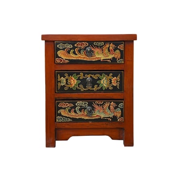 Distressed Brick Red Bird Dragon Graphic 3 Drawers End Table Nightstand cs7627E 