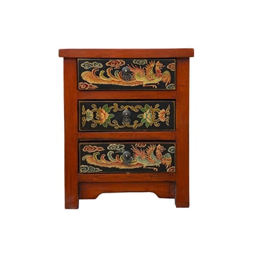 Chinese Vintage Brick Red Flower Graphic End Table Nightstand cs7070S Chinese Vintage Brick Red Flower Graphic End Table Nightstand cs7070S