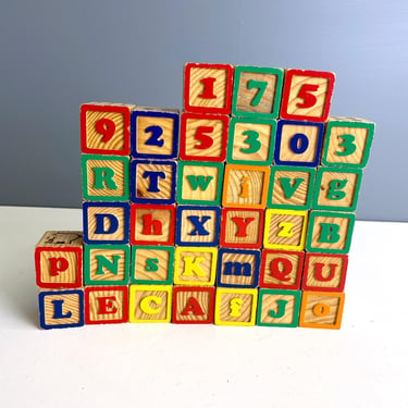 35 wooden alphabet and number blocks - 1970s vintage 