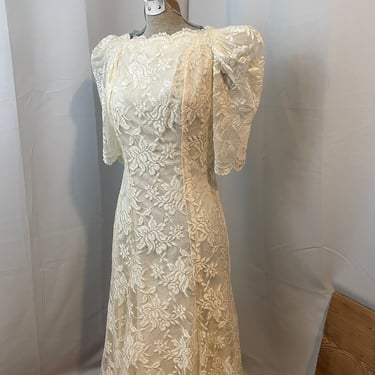 Alternative Wedding Alt Bridal Dress Formal 1980s Vintage Ivory Lace Midi S 