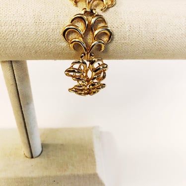 Vintage Art Deco Bracelet Gold Tone Chain Link Cuff Bracelet Mid Century Modern Design Goldtone Bracelet, Floral, Flower, Leaf, Fire Design 