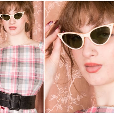 1950s Sunglasses - Sassy Vintage 50s Rockabilly Cat Eye Shades in Coral Pink, White and Red Cool-Ray by Polaroid 