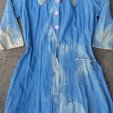 Vintage 30s 40s Sun Faded Blue Polka Dot Farm Dress Cotton Medium Collared by TimeBa