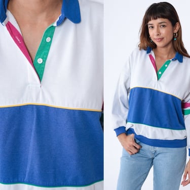 Striped Polo Sweatshirt 90s White Collared Sweatshirt Blue Green Pink Yellow Color Block Sweater Retro Basic Vintage 1990s Energie Large L 