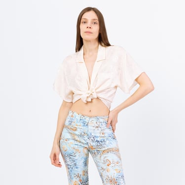 Vintage 80s Ivory Floral Satin Loungewear Blouse - Large | Boho Cropped Button Up Lingerie Top 