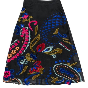 Anthropologie - Black &amp; Multicolor Velvet Embroidered Midi Skirt Sz 6