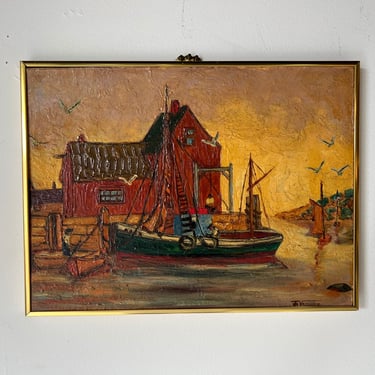 Vintage Vasquez Impressionist Sunset Harbor Fishing Painting 