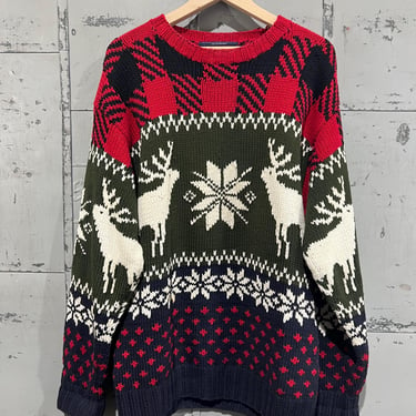 S 90s cotton sweater oversized snowflake cotton knit sweater thick and heavy reindeer Christmas holiday handknit Tommy Hilfiger 