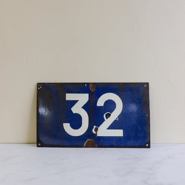 vintage French enamel house number sign, "32"