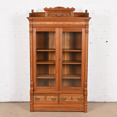 Herter Brothers Style Antique Eastlake Victorian Burled Walnut Bookcase, Circa 1860s