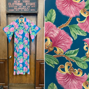 Vintage 1940’s Atomic Floral Silky Rayon Hawaiian Batwing Hostess Pake Muu Dress, Keyhoke Detail, Pake Muu, 1940’s Hawaiian Dress, 1950s 