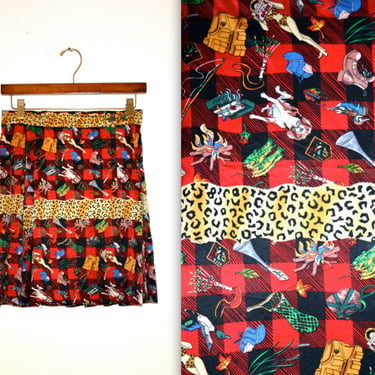 Vintage Buffalo Plaid Wrap Skirt Pleated Skirt Silk REd Black Nicole Miller// 90s Pop Art Printed Skirt hunting Camping Fishing Print Small 