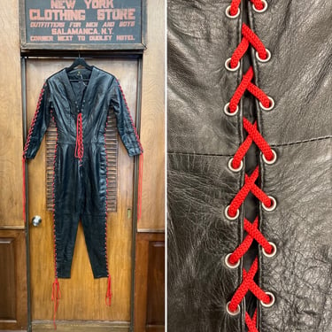 Vintage 1980's Goth Glam Black Leather Bondage Club Rare Jumpsuit Outfit, Red Lace Up Detail, Leather Jumpsuit, Grommet Detail, Bondage, 