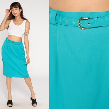 Turquoise Blue Pencil Skirt 90s High Waisted Pleated Knee Length Skirt Belted Retro Party Office Secretary Plain Vintage 1990s Medium M 10 