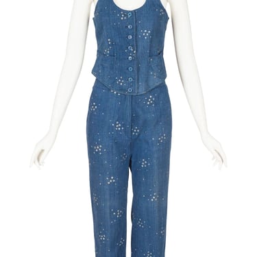Eleganza 1970s Vintage French Blue Cotton Denim Glitter Outfit Sz XS 