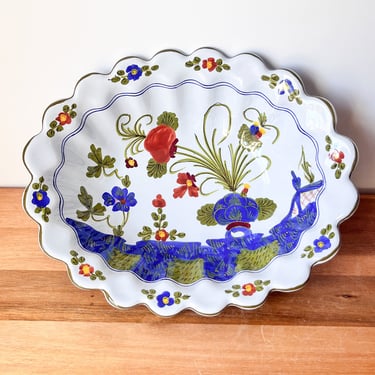Handpainted Italian Ceramic Blue, Green and Orange Dish. Set of Faenza Pottery Blue Carnation Bowl. 