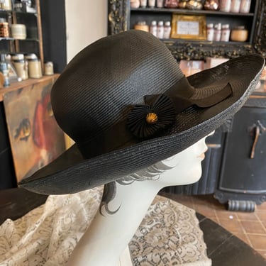 1960s wide brim hat, vintage hat, black straw, mid century, Kentucky derby, summer hat, 22 inch, 60s millinery 
