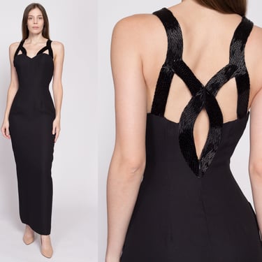 90s Slinky Black Beaded Open Back Evening Gown - Small to Medium | Vintage Cut Out Keyhole Strappy Sexy Formal Maxi Dress 