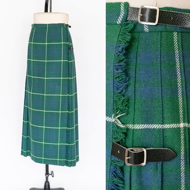 1970s Tartan Wool Maxi Skirt Plaid Pleated Wrap M 