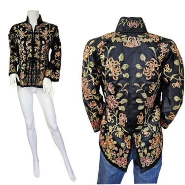 1950's Black Silk Metallic Gold Thread Embroidered Chrysanthemum Floral Chinese Wedding Jacket I Sz Med 