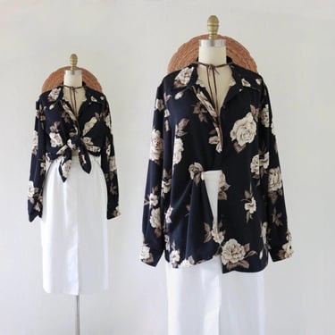 botanical button down - 18w - vintage 90s y2k dark blue long sleeve floral xl  extra large blouse shirt top 