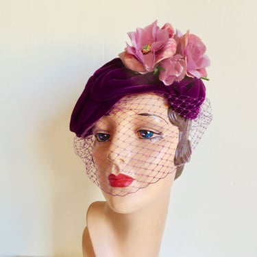 1950'S Plum Purple Velvet Fascinator Hat Pink Fabric Flowers Trim Face Veil 50's Millinery Rockabilly Hats Beresford 
