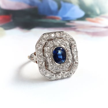 Art Deco 1.68 ct. tw. Sapphire and Diamond Double Halo Octagonal Ring 14K Platinum 