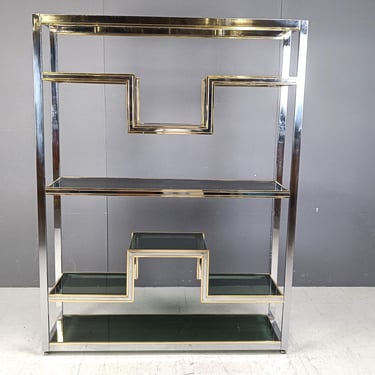 Romeo Rega Attributed wall Unit, Italy, 1970s - hollywood regency wall unit - brass and chrome wall unit - willy rizzo shelf 