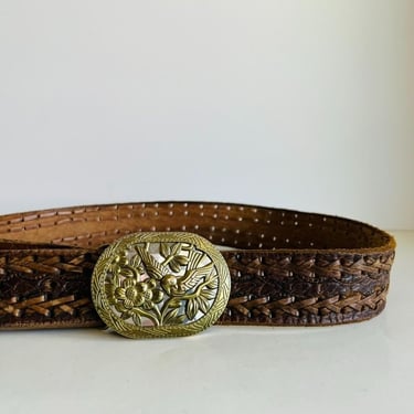 Vintage 90s Brown Woven Leaf Tooled Genuine Leather Belt with Bird Buckle - L 