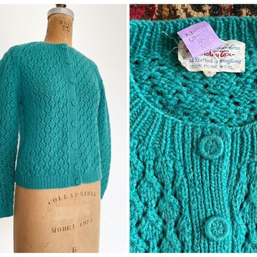 Vintage 1960’s Tanner by Dorothy Cox cardigan sweater, hand knit teal wool, gorgeous quality, M 