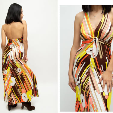 Vintage 1960s 60s 1970s 70s Pucci Style Psychedelic Graphic Print Halter Dress Maxi Gown 